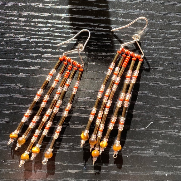 HAND BEADED Sterling Silver, Tiger Eye & Red Jasper Earrings - Picture 3 of 4